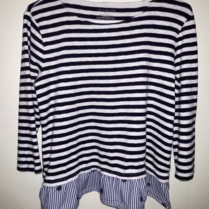 Talbots Womens Top Sz M Navy & White Striped 3/4 Sleeves 100% Cotton Ruffle Chic